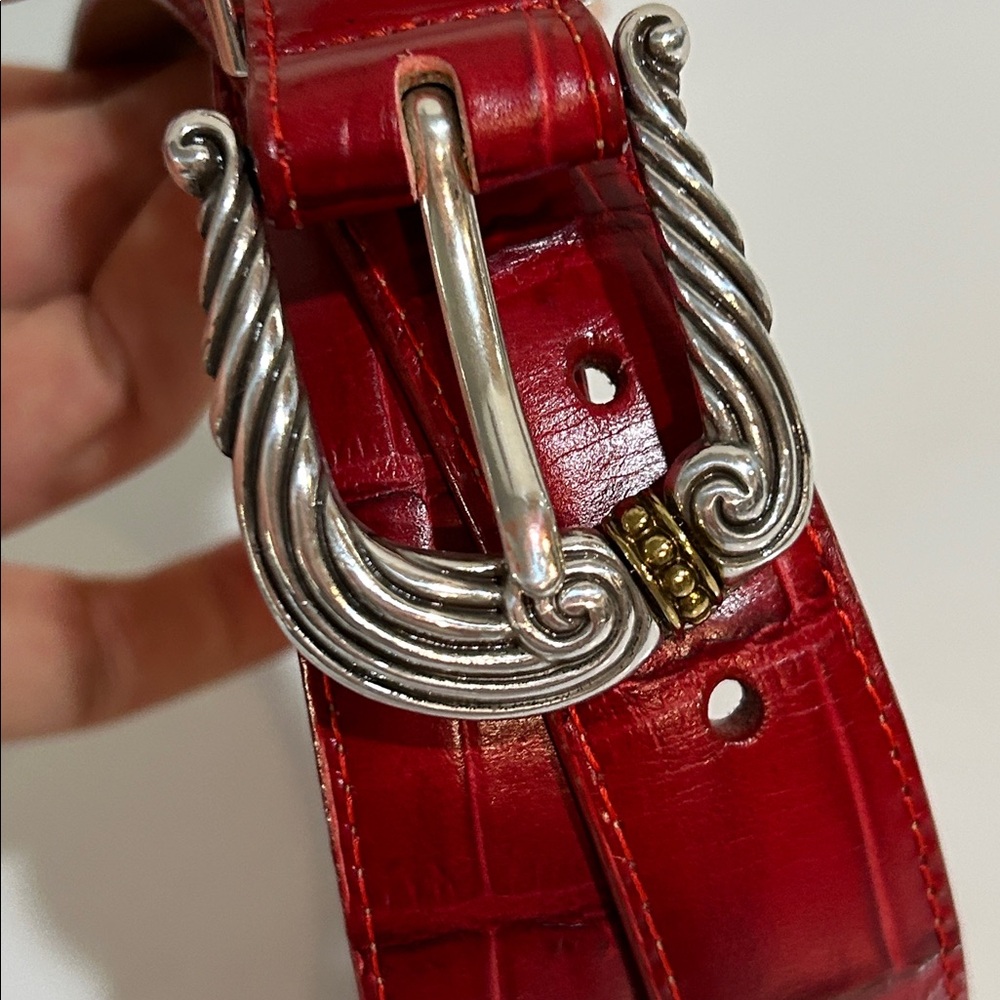 Brighton Red Croc-Embossed Leather Belt ML 32 | Silver Scroll Buckle & Tips USA - Picture 2 of 12